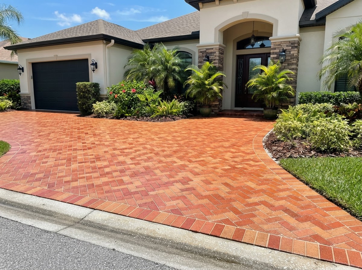 Cleaned brick paver driveway