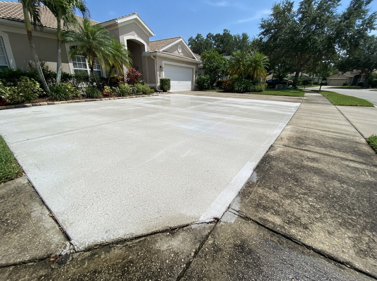 Freshly pressure-washed concrete driveway in Titusville, FL