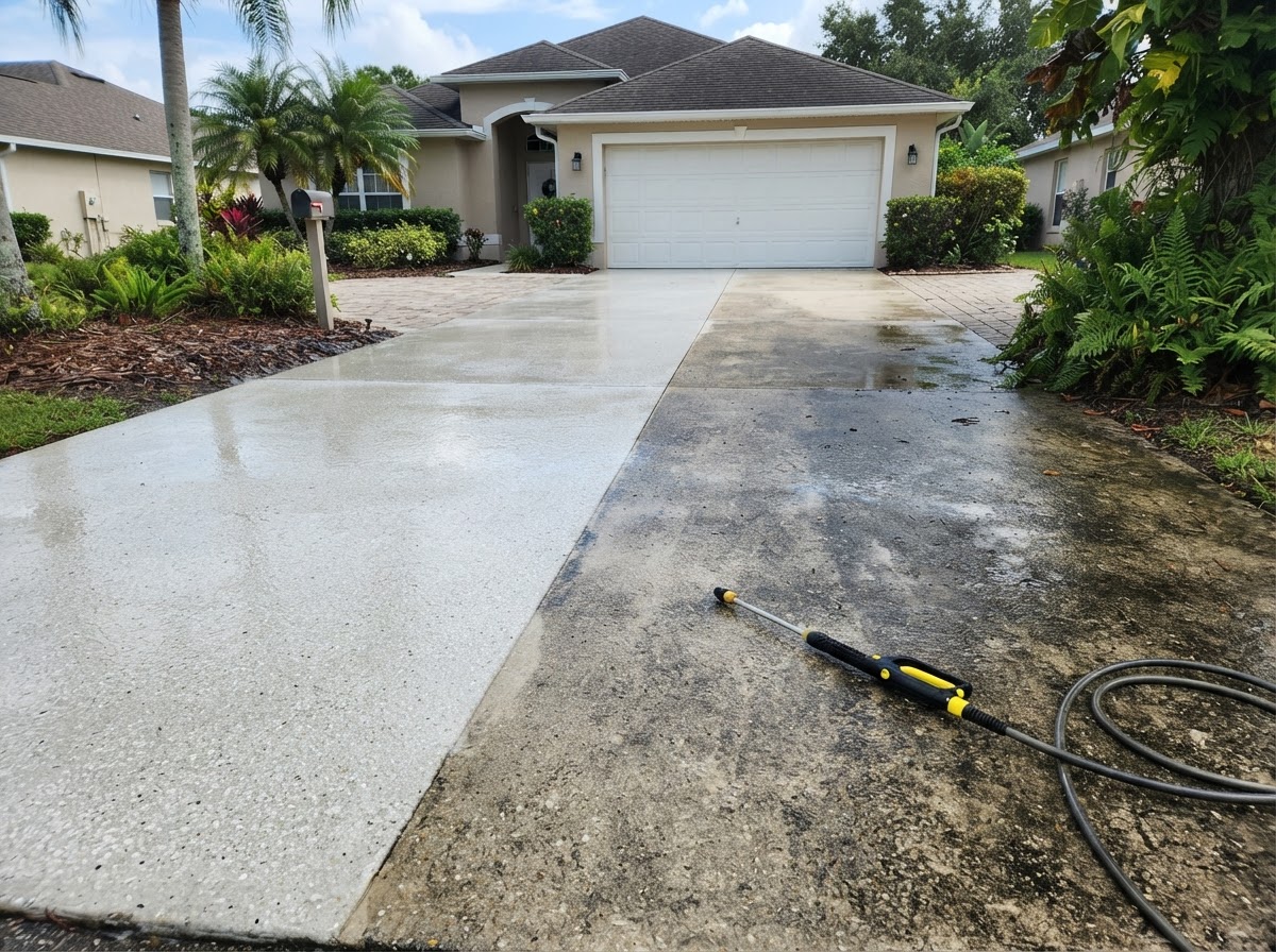 Freshly pressure-washed concrete driveway cleaning result in Titusville, FL