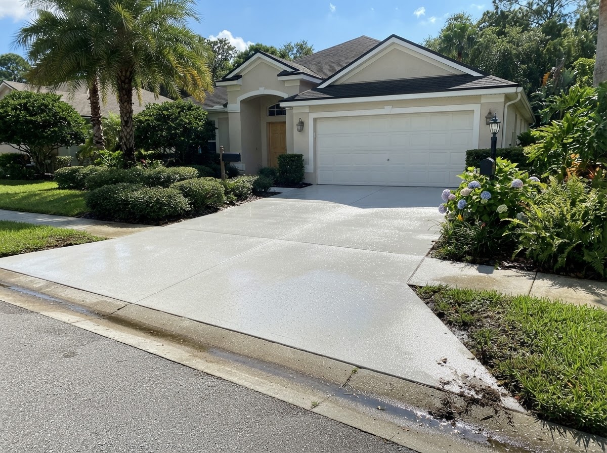 Pressure washing a residential driveway clean in Titusville