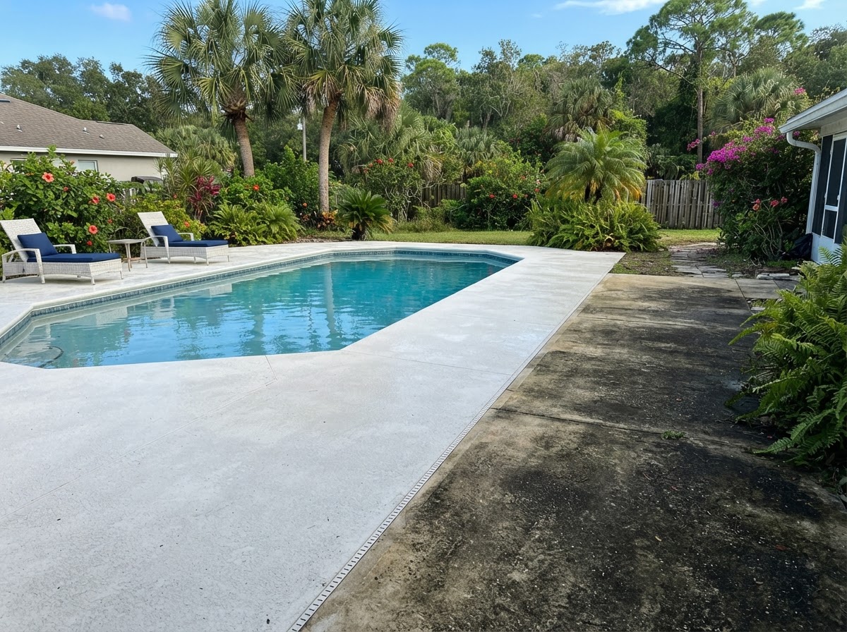 Pressure washed concrete pool deck
