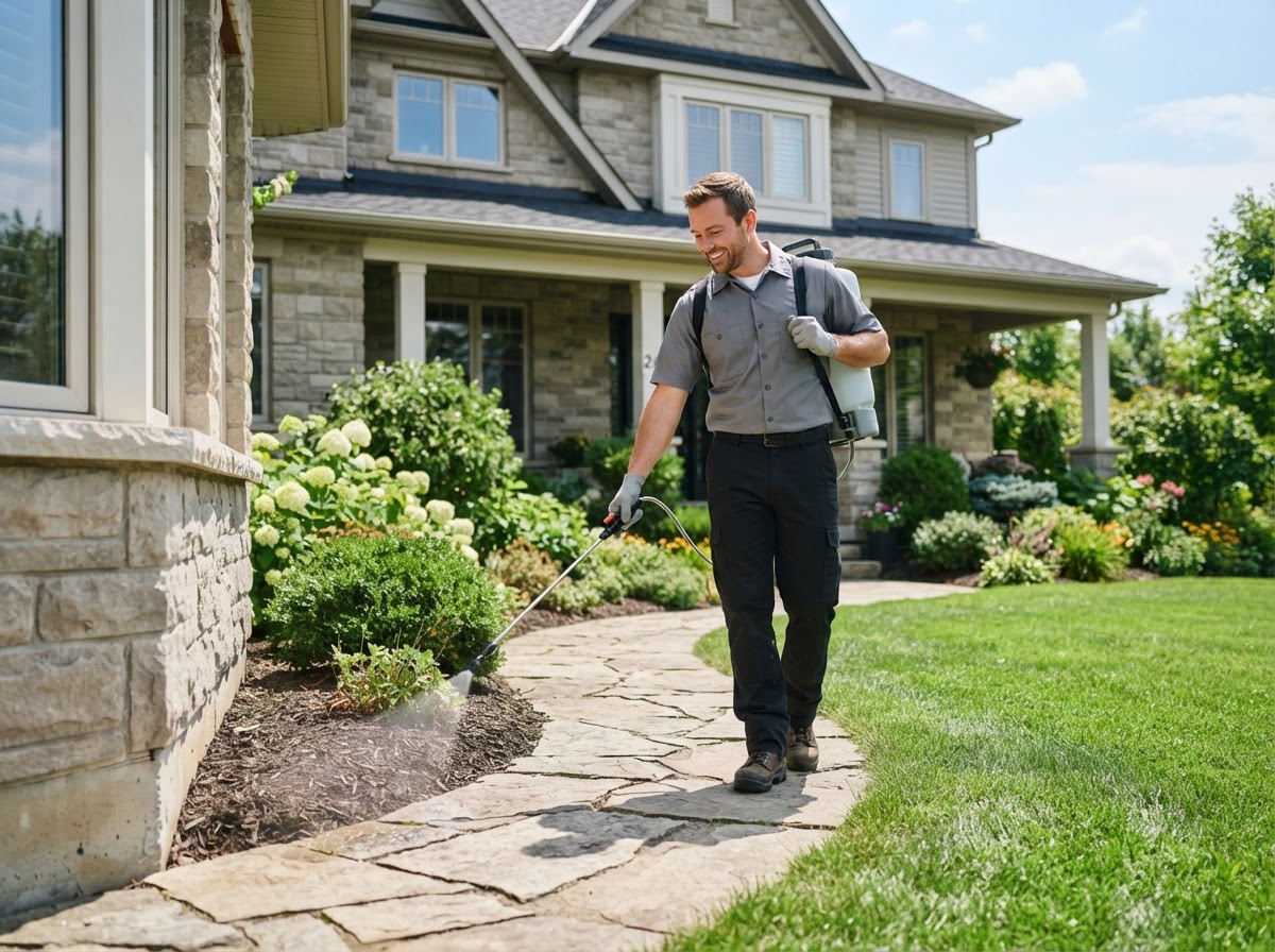 A Jeff Clark's pest control technician treating the perimeter of a Tennessee home