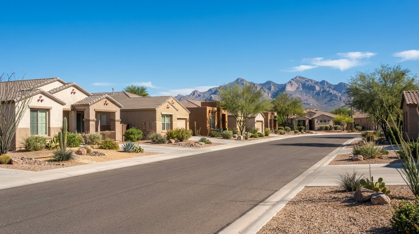 Suburban homes along a neighborhood street on a sunny day.