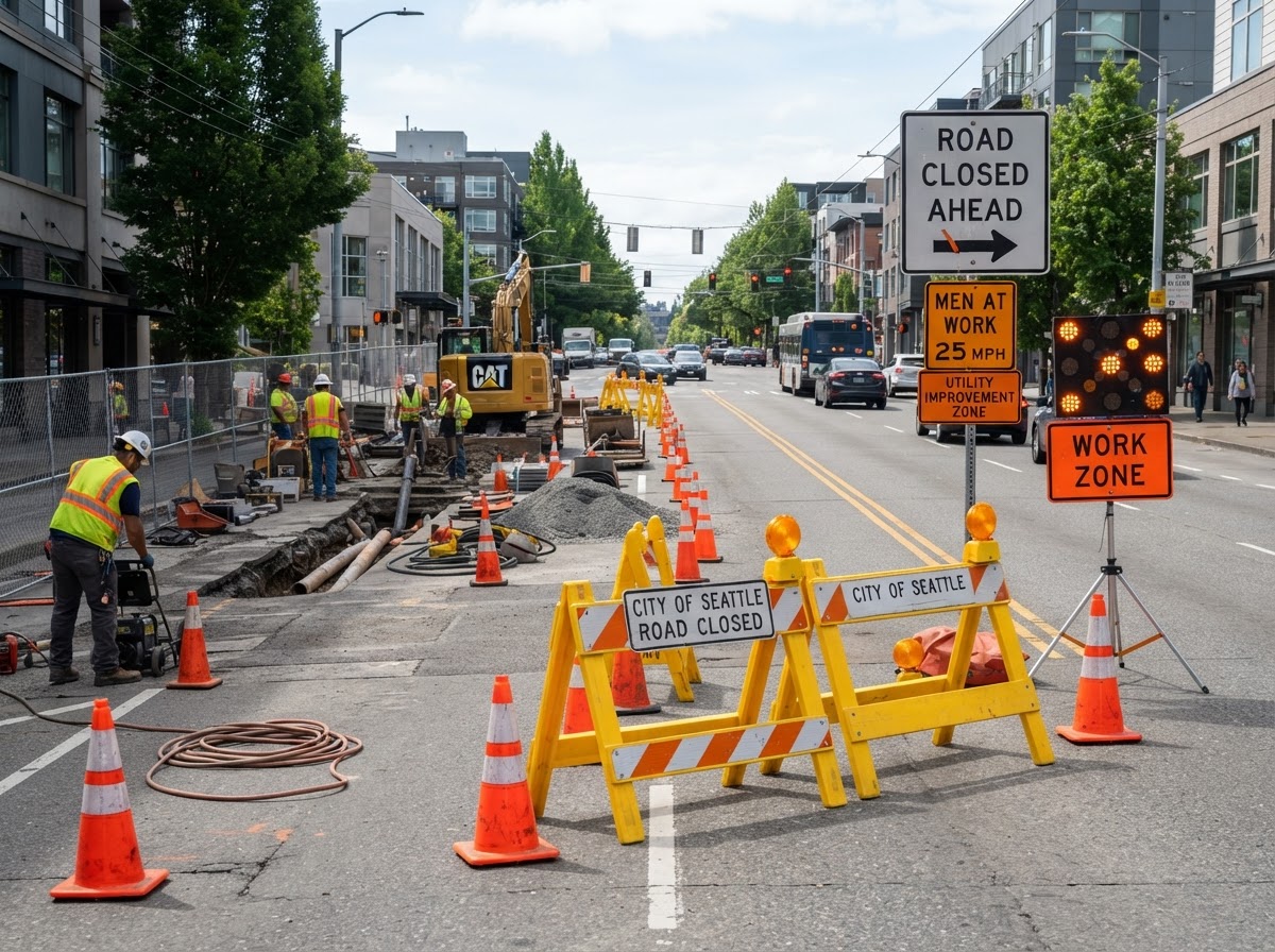 A-frame construction barricades and traffic cones (illustrative)