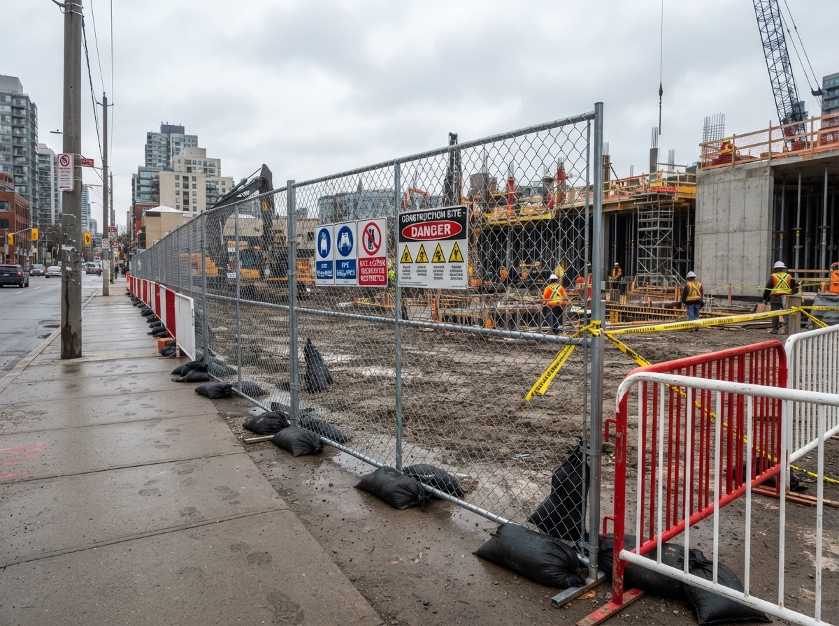 Temporary fencing and windscreen perimeter (illustrative)