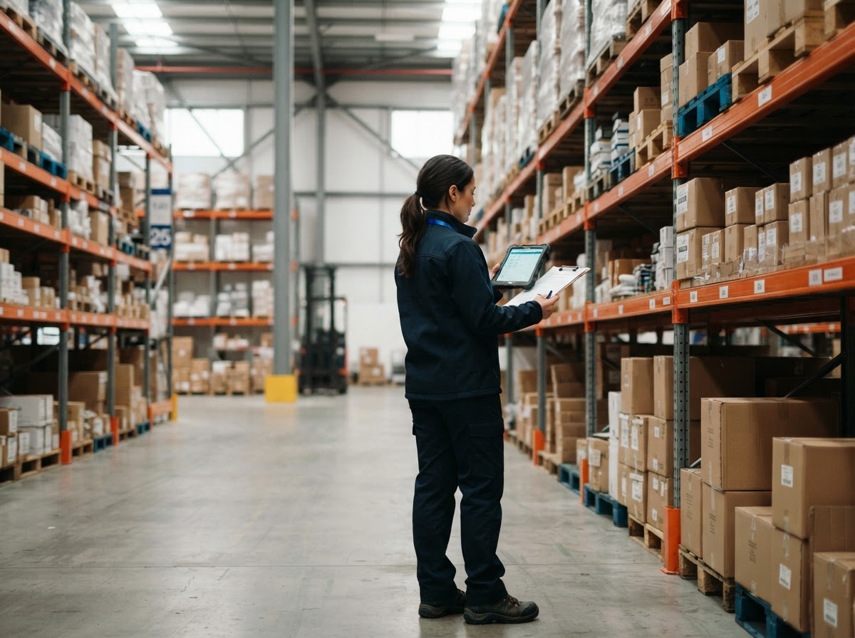 Matt Wright reviewing inventory inside an organised warehouse