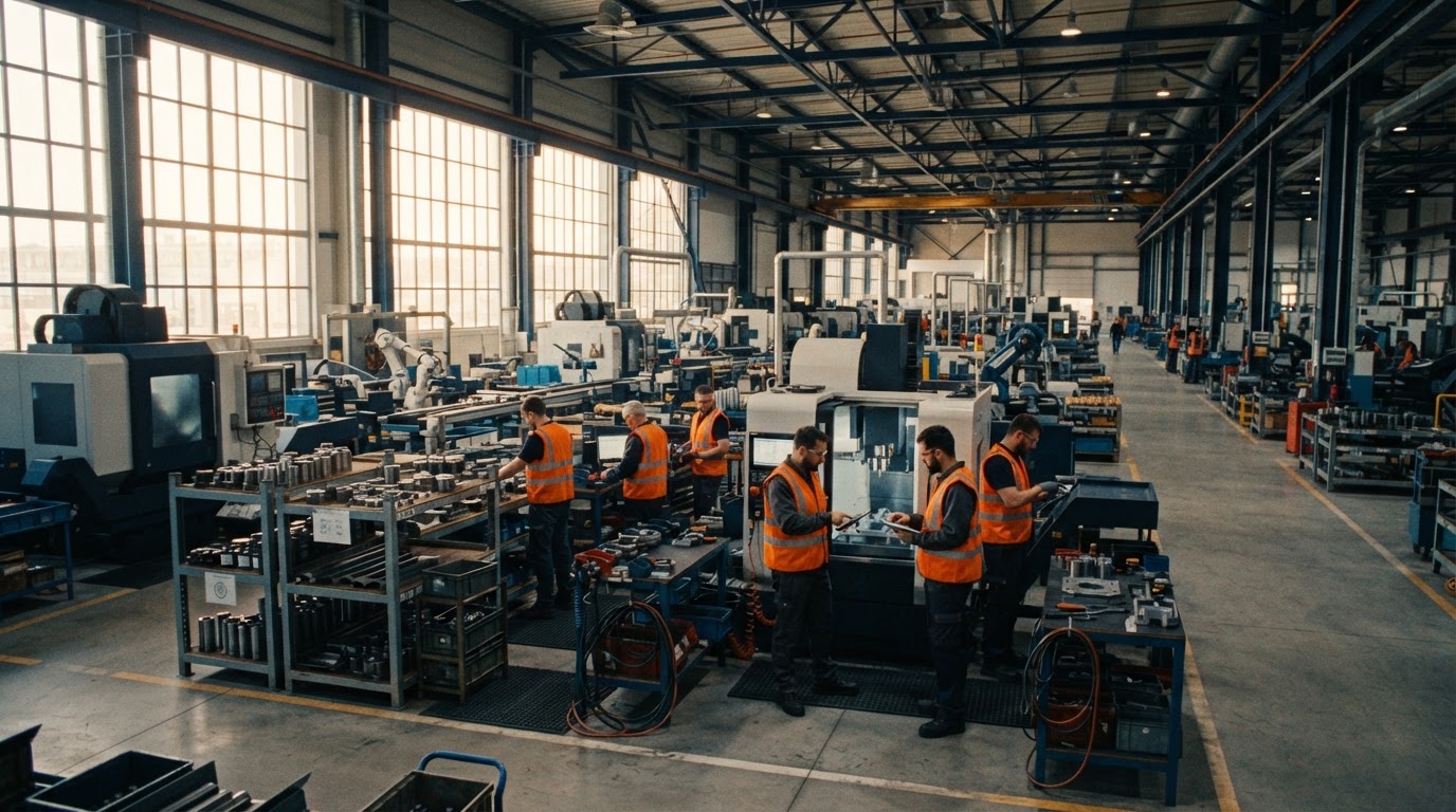 Workers collaborating on a modern manufacturing facility floor under natural daylight