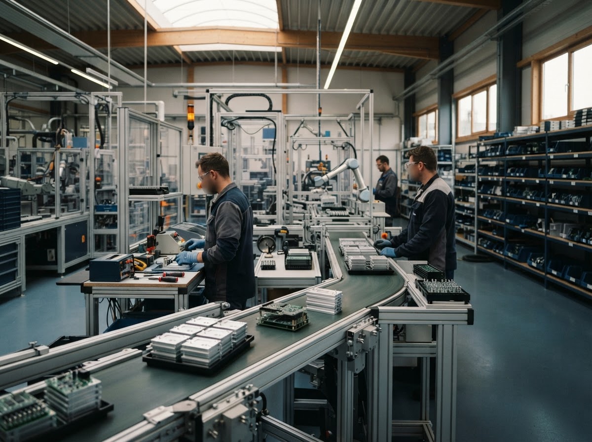 Clean modern factory production line with conveyor belts and neatly stacked components