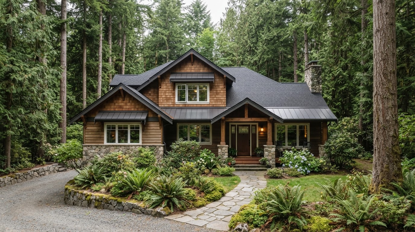Pacific Northwest craftsman home with a newly installed charcoal roof set among evergreen trees