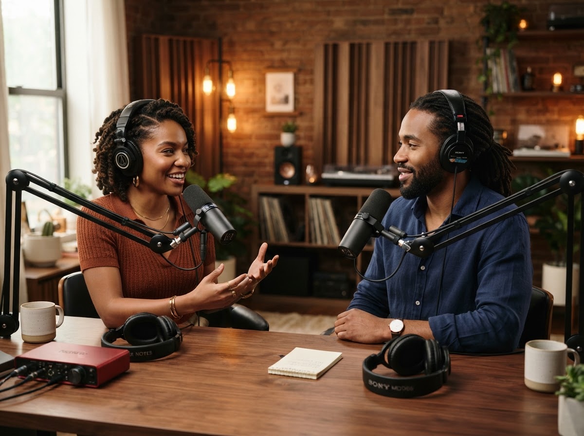 Two African American people recording a podcast at a walnut desk with black broadcast microphones on boom arms