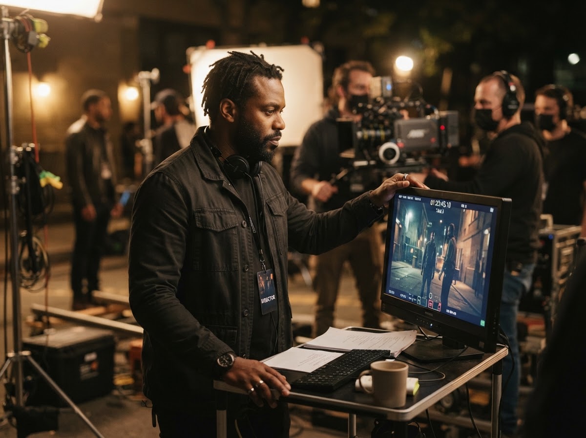 An African American film director reviewing footage on a cinematic film set, streaming-ready production