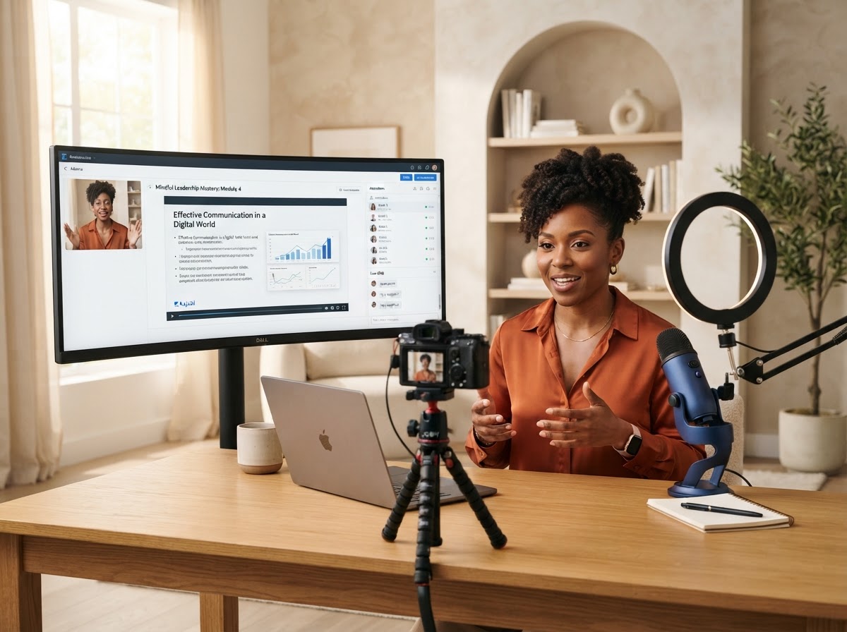 A confident African American woman teaching an online course with a large curved screen behind her displaying the course interface