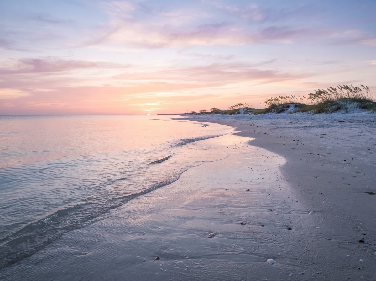 Serene Florida Gulf Coast beach at sunrise with soft pastel sky, dunes, and calm water