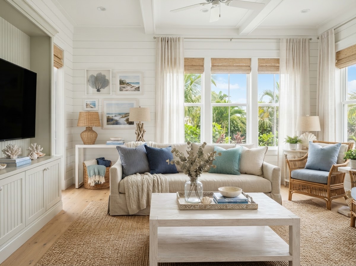 Bright, welcoming coastal living room interior with soft natural light