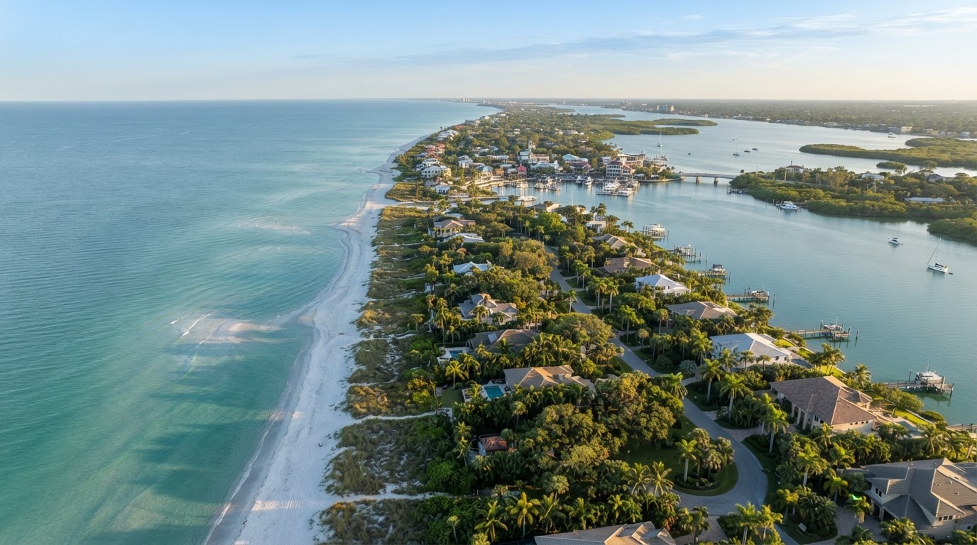 Aerial view of a Florida Gulf Coast barrier island with turquoise water and palm-lined streets