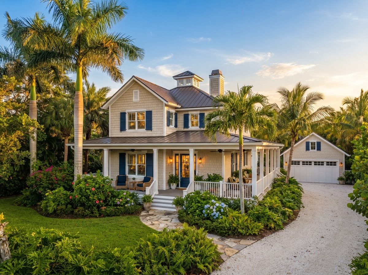 Coastal Florida vacation home exterior with palm trees and warm golden light