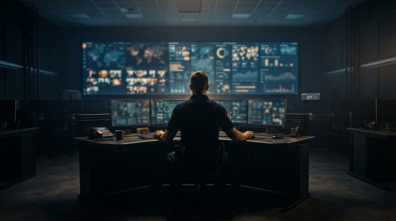 Security operations command center at night