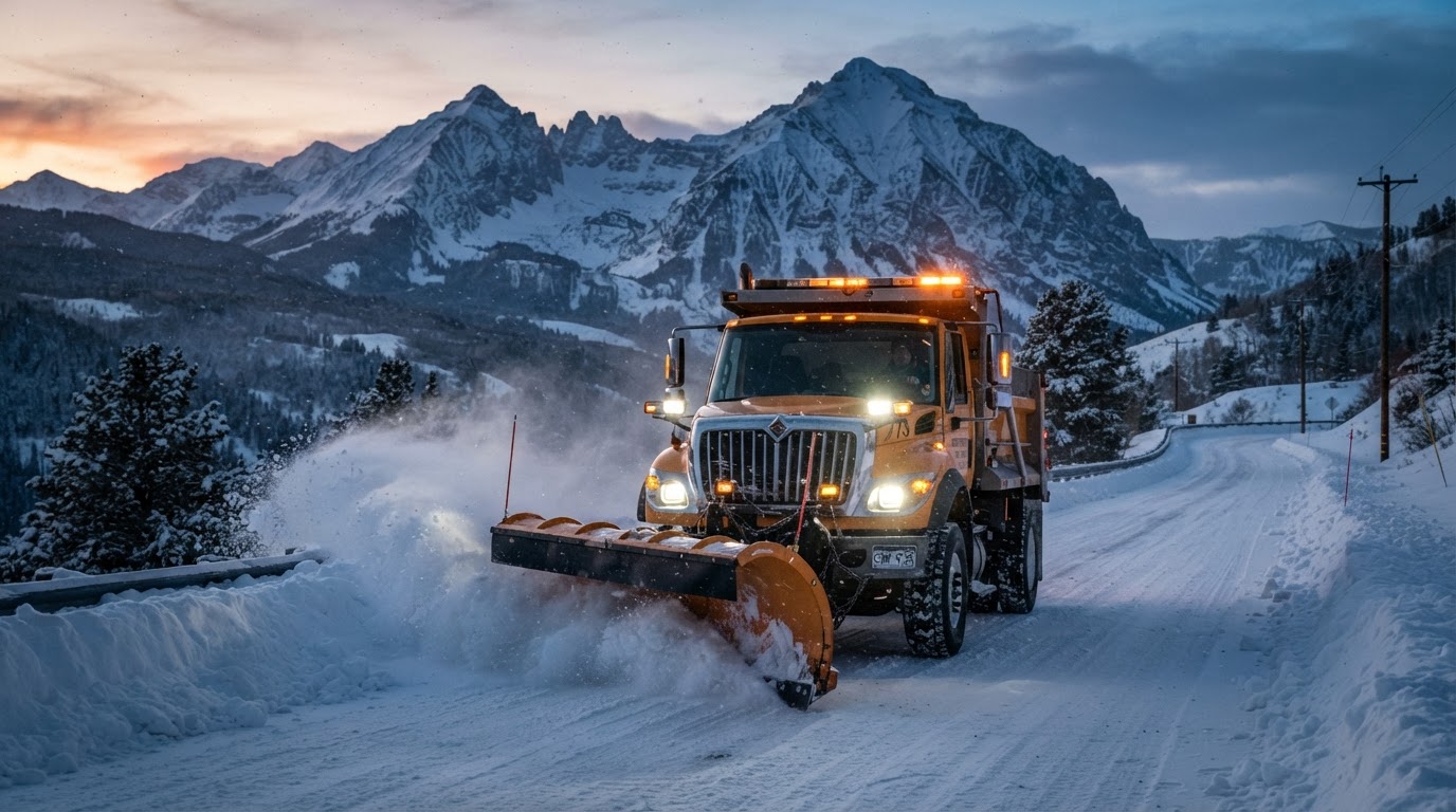 Commercial snowplow truck clearing fresh snow in Crested Butte at sunrise