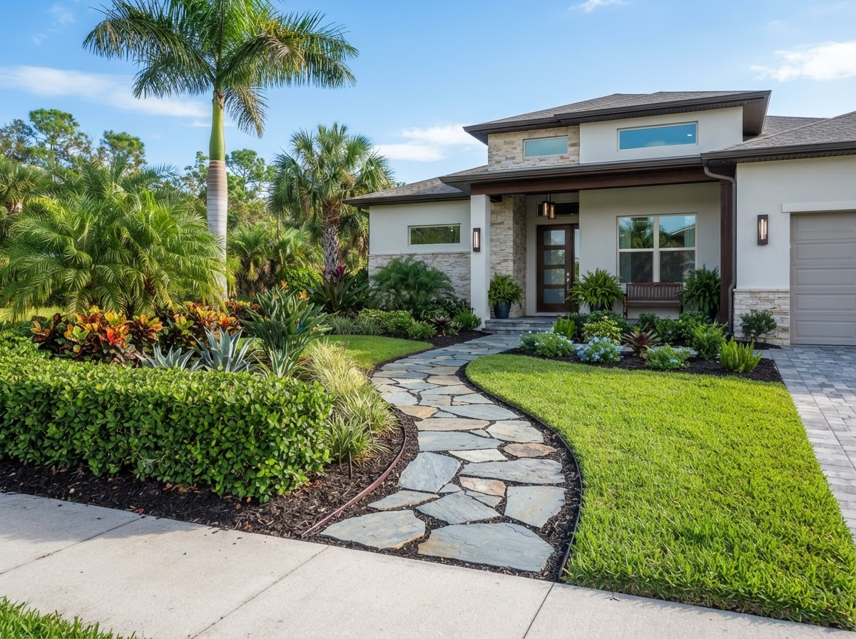 Front yard landscape redesign with stone path