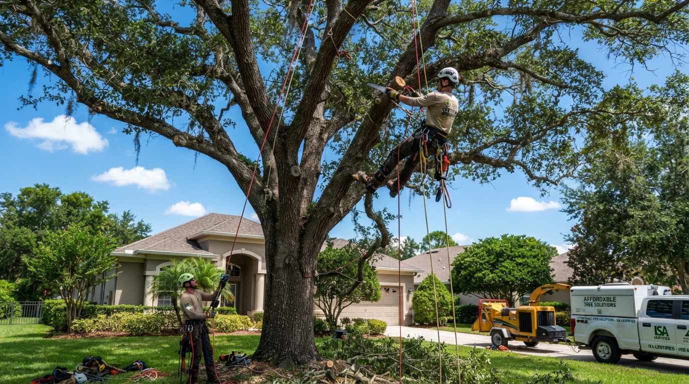 Mature oak tree being pruned by an arborist crew