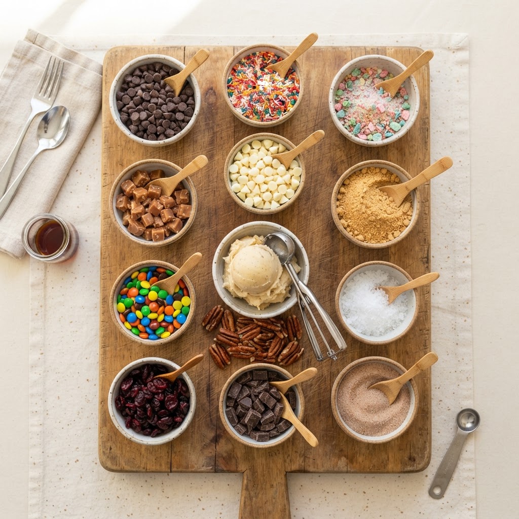 A board of colorful cookie fillings in small bowls with a scoop of signature dough