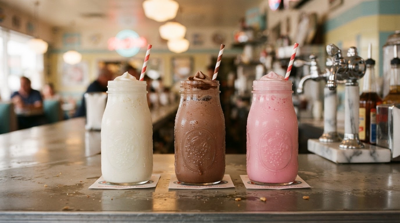 Three glasses of cold milk — white, chocolate, and strawberry — at a retro milk bar