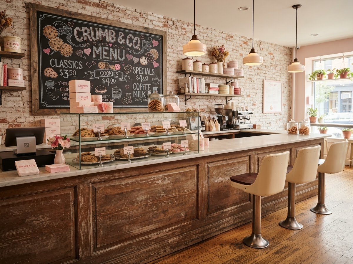 Welcoming interior of the Moo-Kie cookie bar with a cookie display and milk bar stools