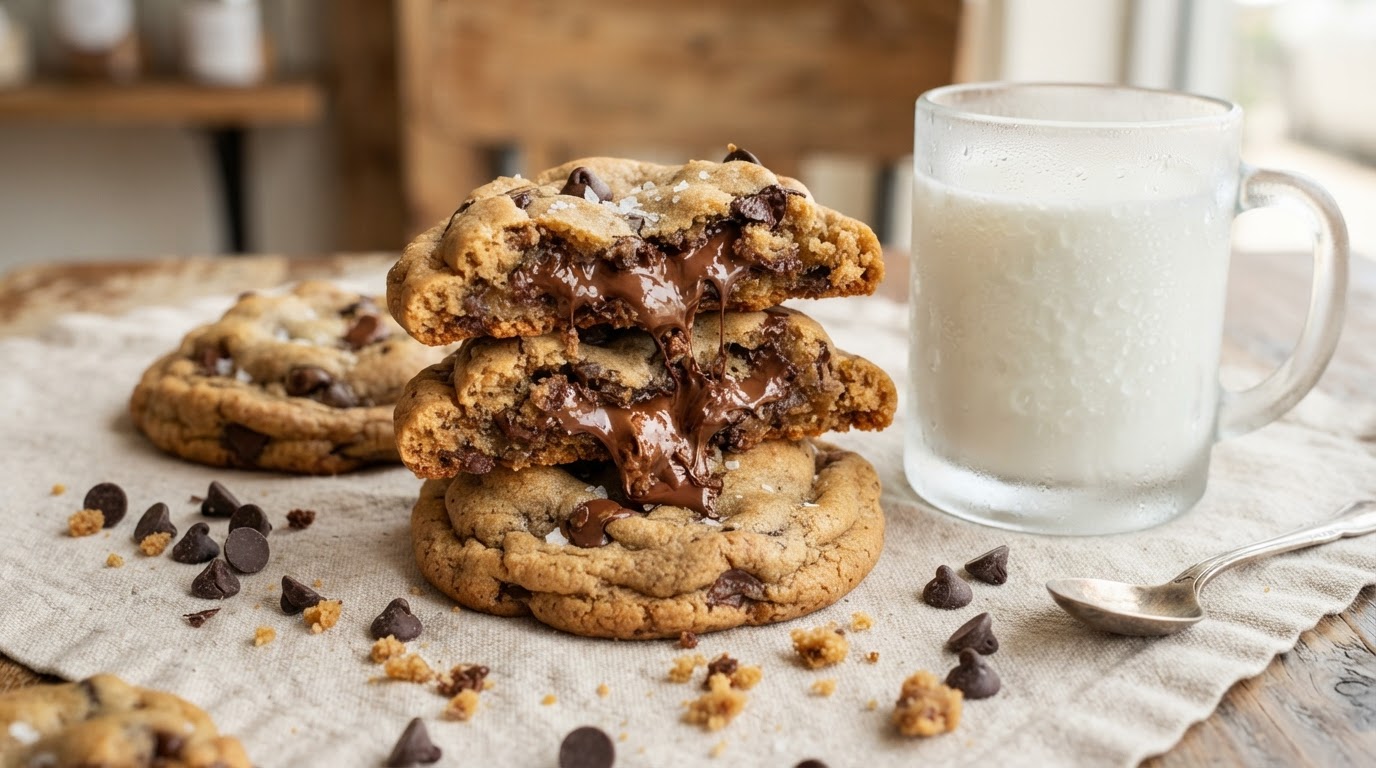 Thick fresh-baked chocolate chip cookies broken open next to a cold glass of milk