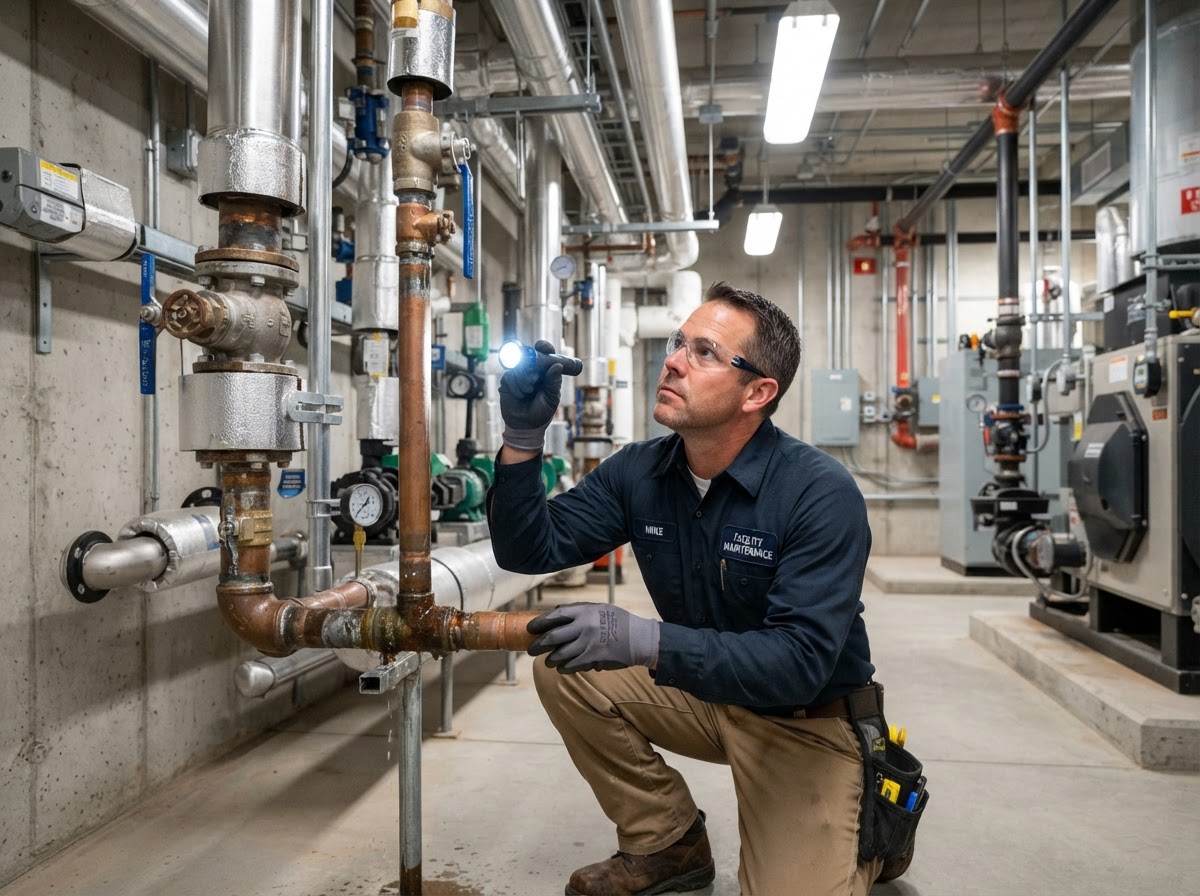 Commercial plumbing technician tracing a suspected water line leak inside a Central Florida commercial mechanical room