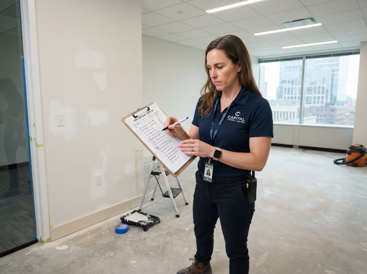 Commercial project professional working through a punch list of repairs in a vacated Central Florida commercial tenant suite