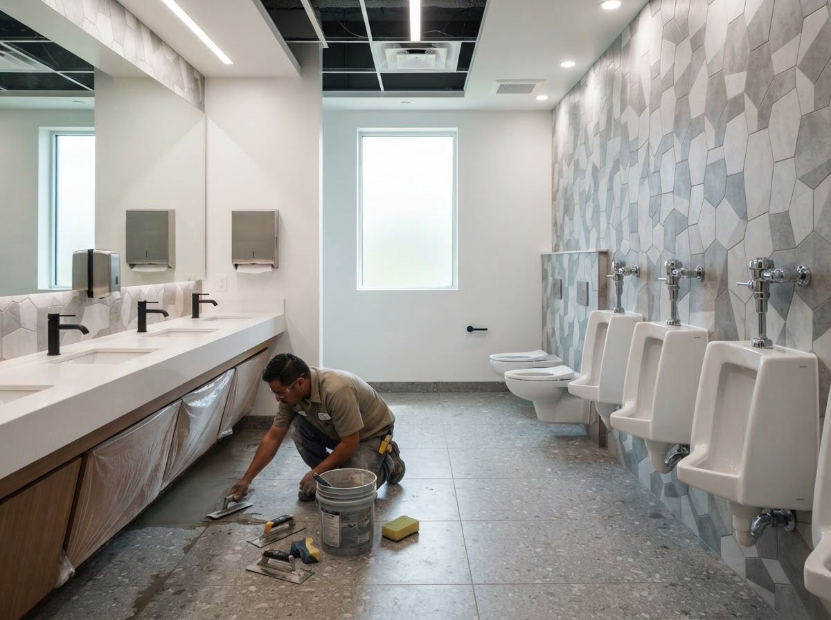 Clean modern commercial restroom undergoing renovation with new fixtures, fresh paint, and commercial flooring in a Central Florida property
