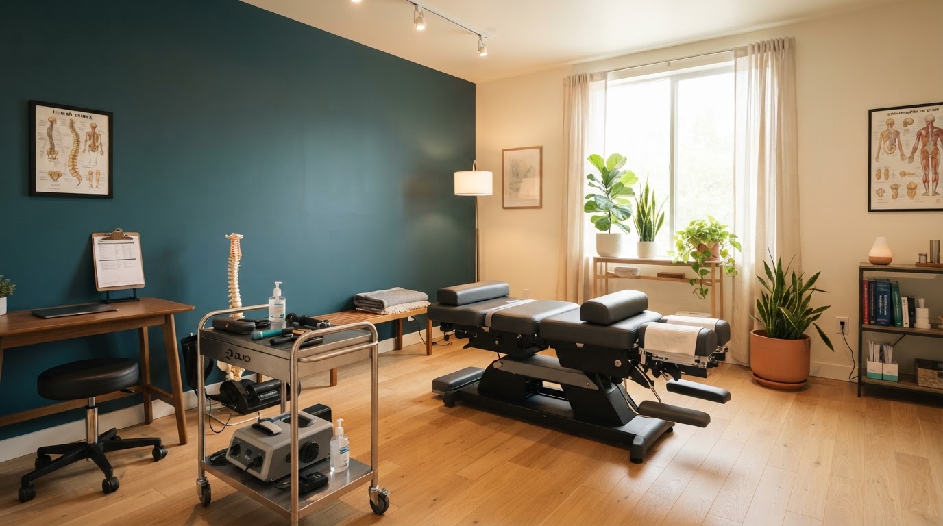 Bright, modern chiropractic treatment room at Manning Chiropractic & Wellness