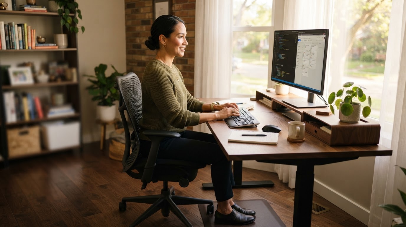 Active professional working comfortably at an ergonomic desk