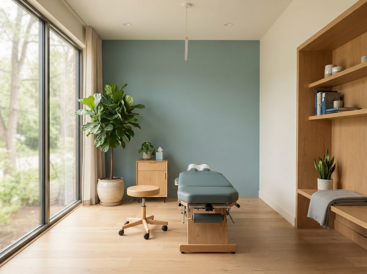Bright, modern chiropractic treatment room at Manning Chiropractic & Wellness