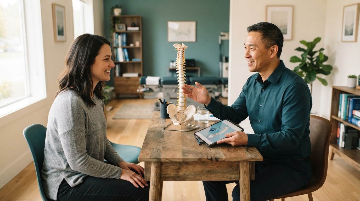 A friendly male chiropractor explaining a treatment plan to a patient in a bright, welcoming clinic