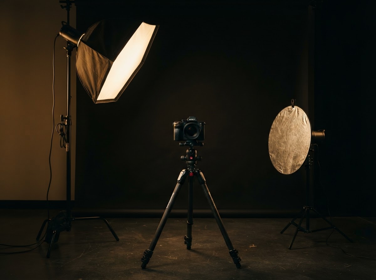 A minimal one-light studio setup — a single softbox on a stand with a camera.