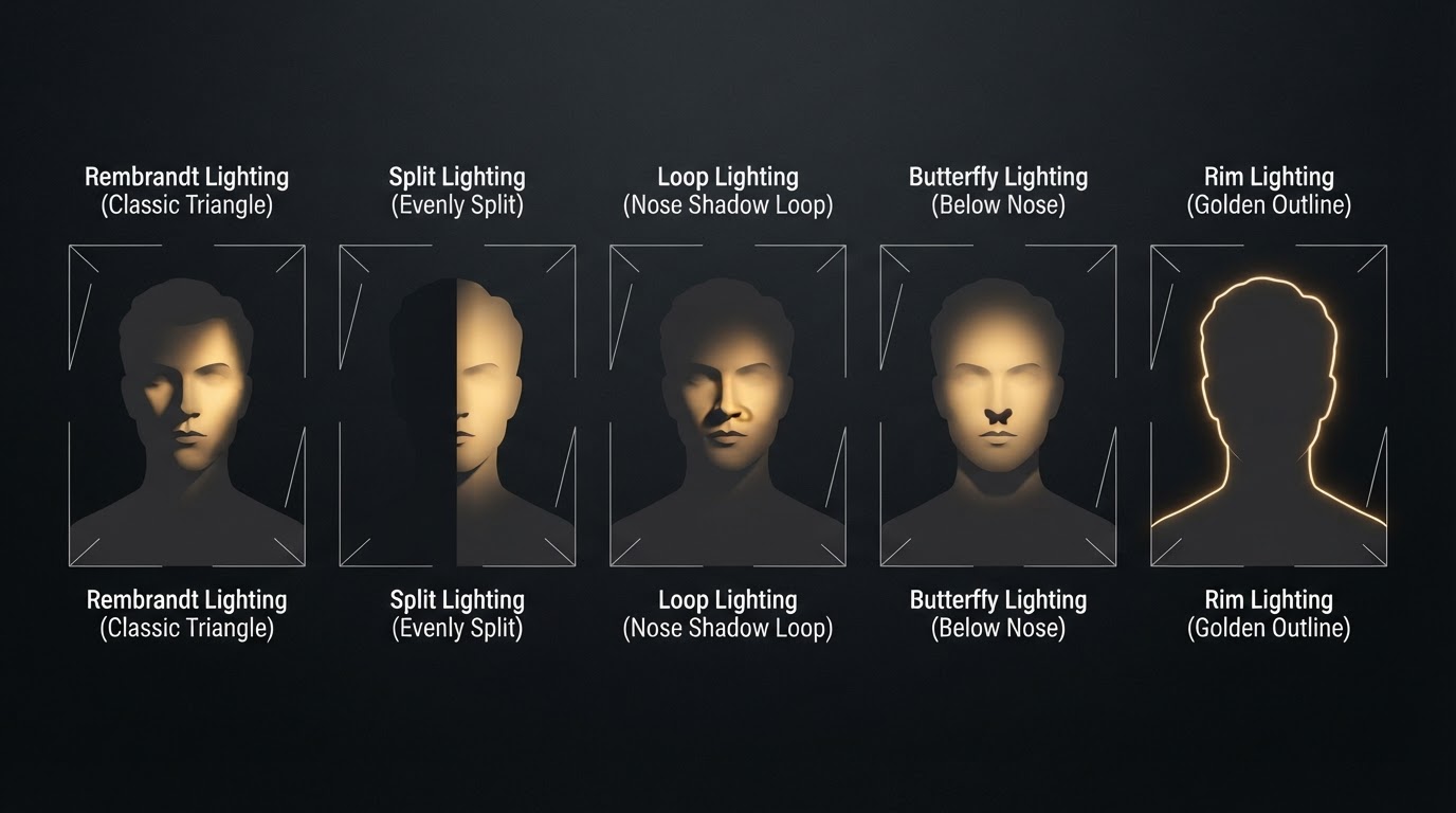 Reference of the five portrait lighting styles from the guide: Butterfly, Clamshell, Loop, Rembrandt, and Split.
