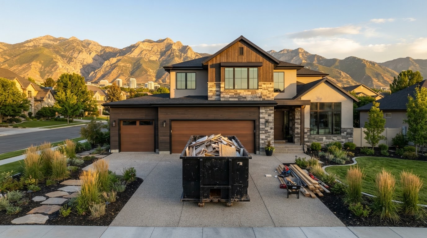 Black roll-off dumpster at a residential construction site in Salt Lake City, Utah