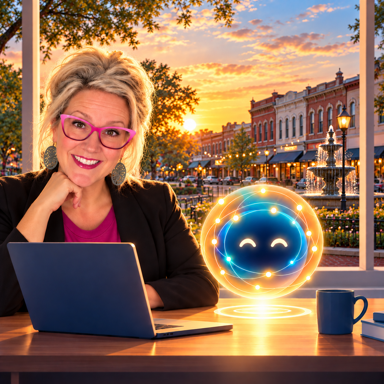Heather Nichols at her laptop with a friendly AI digital assistant overlooking downtown Nacogdoches