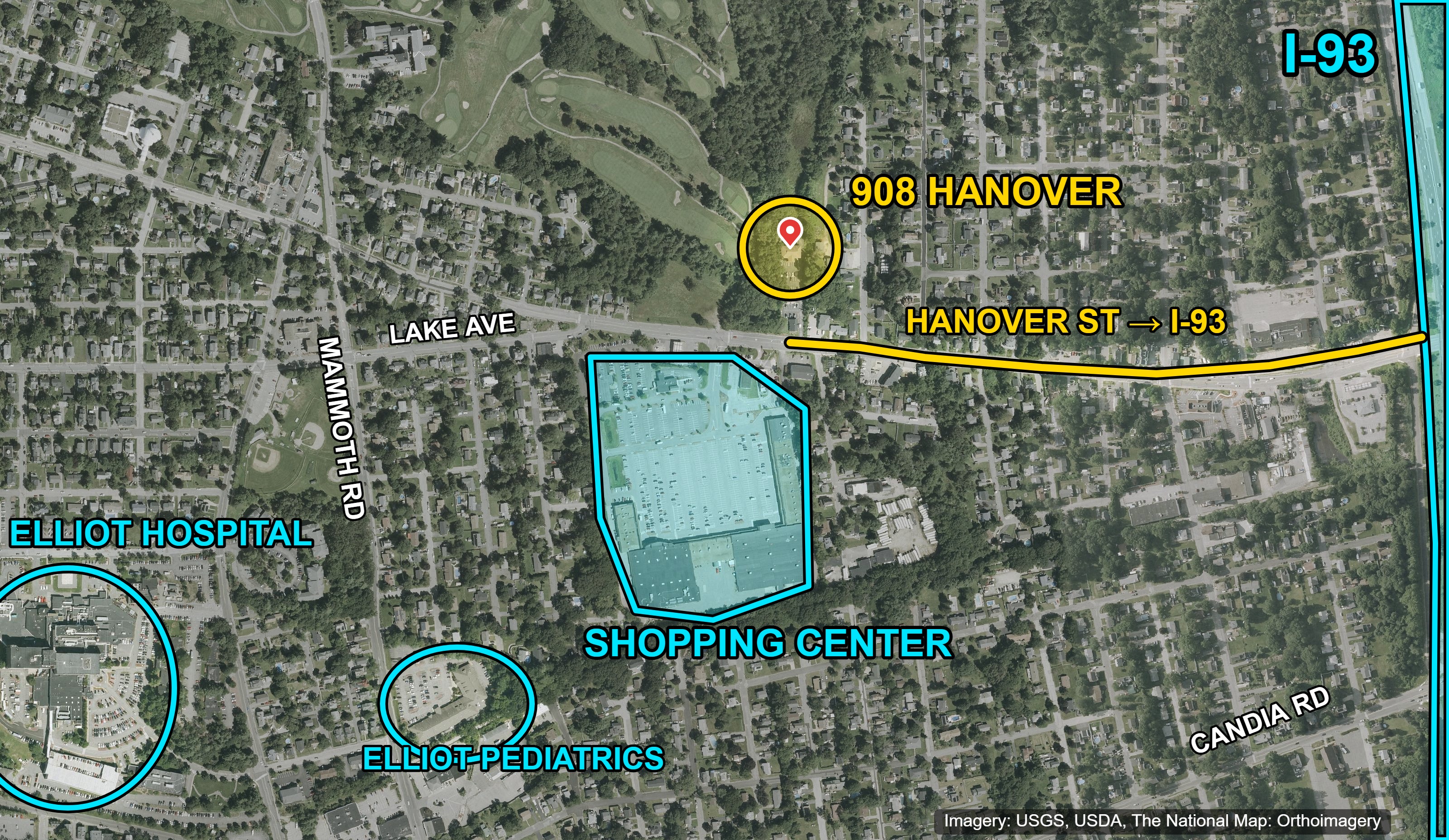 Aerial map showing 908 Hanover and surrounding transit, highway and amenities