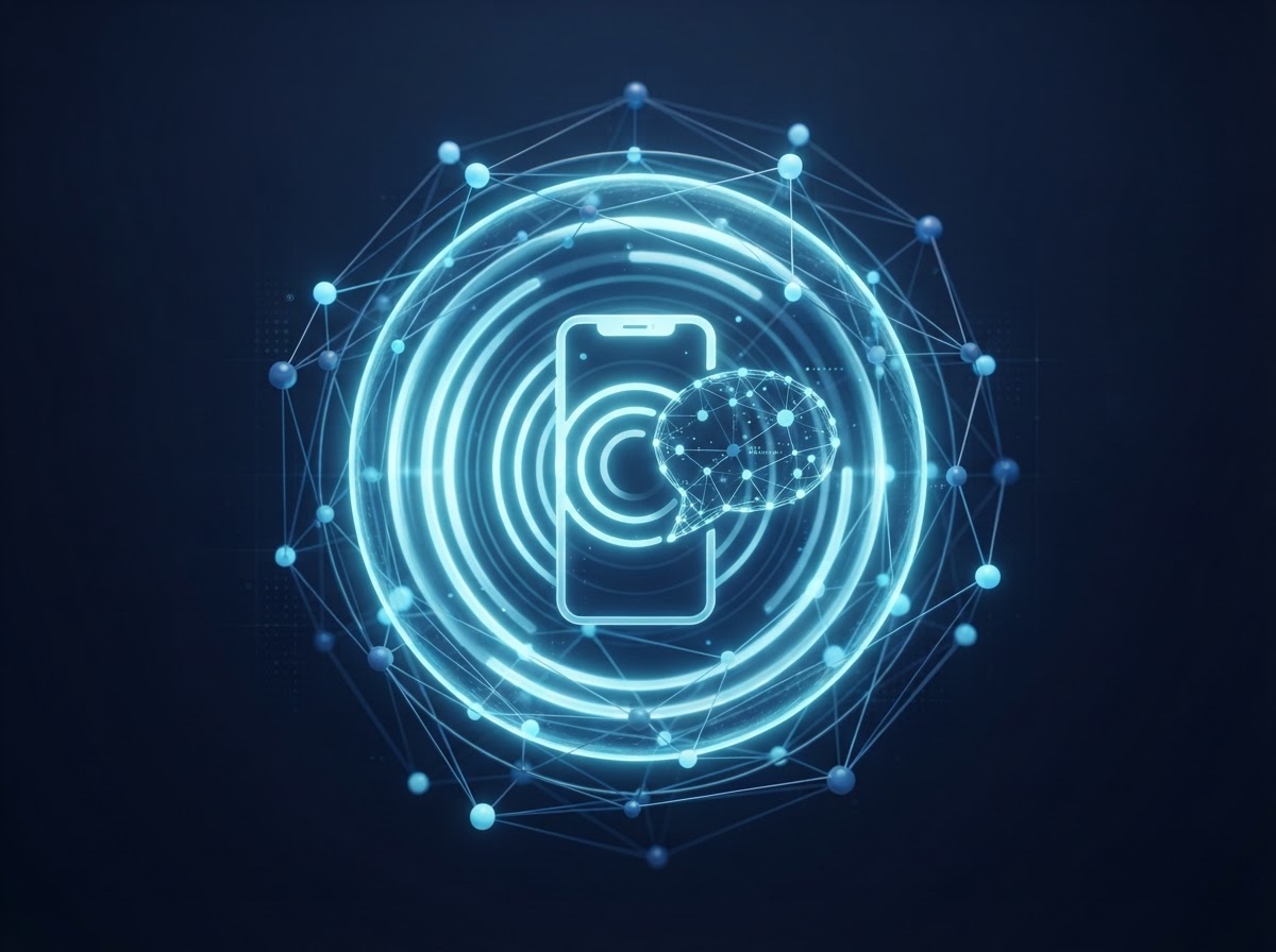 AI voice assistant for contractors — visualized as glowing soundwave rings and connected network nodes in navy blue