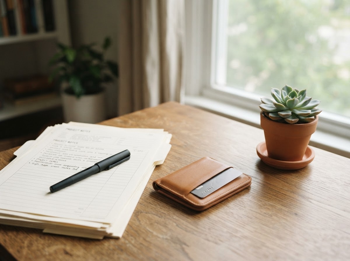Warm, welcoming reception desk with a phone and notepad in soft morning light