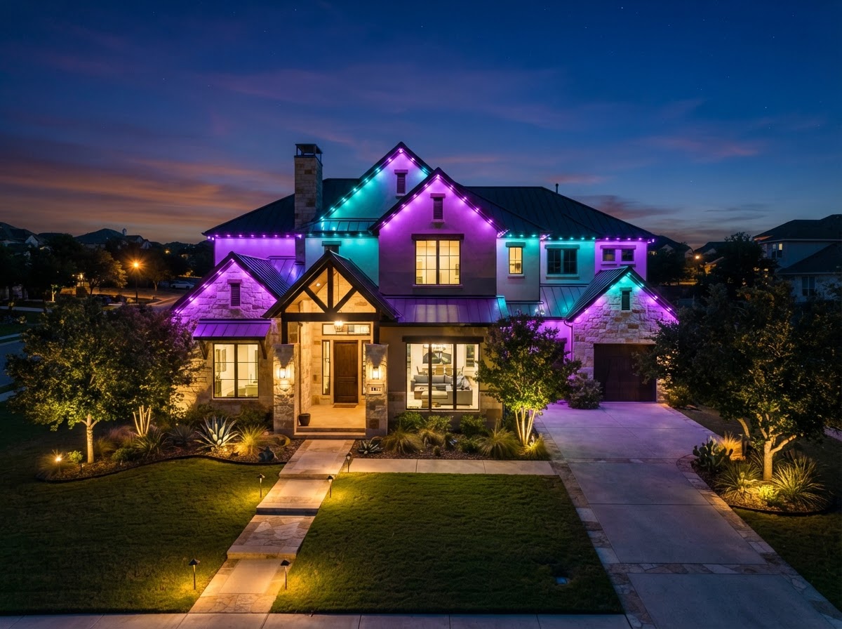 Custom color changing ambient permanent roofline lighting illuminating Texas home gables
