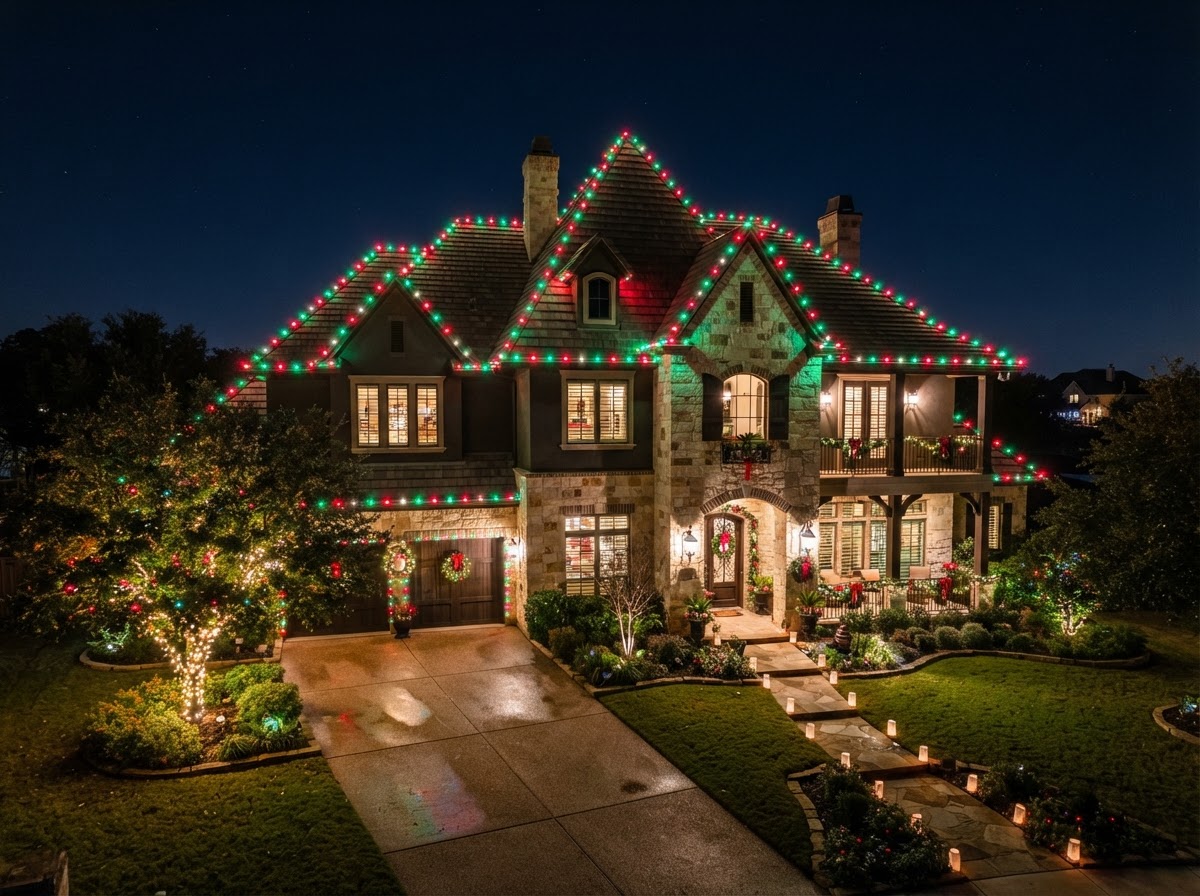 Festive red and green permanent roofline LED lighting on two-story house roofline