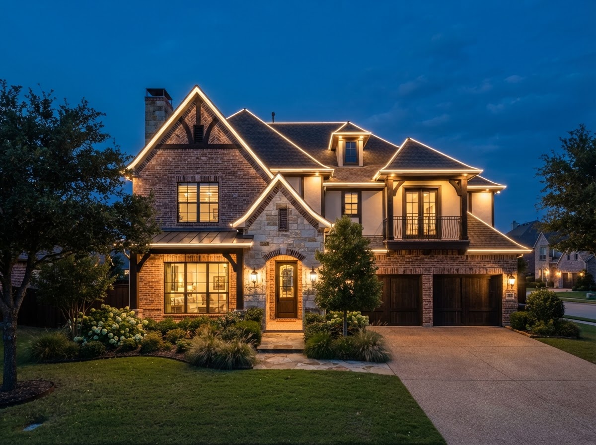 Architectural warm white permanent roofline trim lighting on a North Texas home at dusk