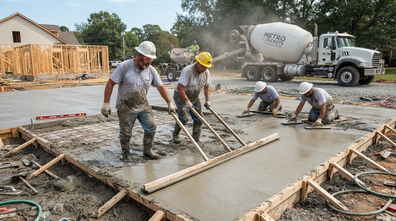 Experienced concrete construction crew finishing and screeding a freshly poured concrete foundation