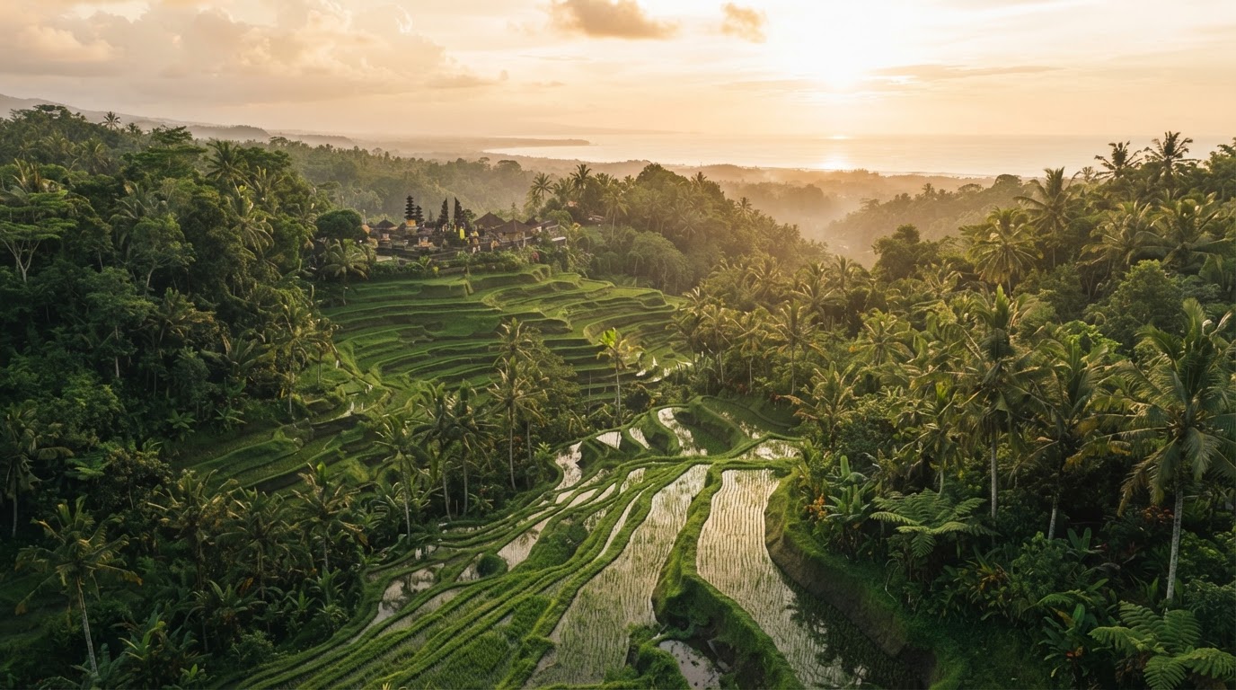 Bali, Indonesia - Emerald rice terraces, surf coast and Hindu temples beneath a tropical sun.