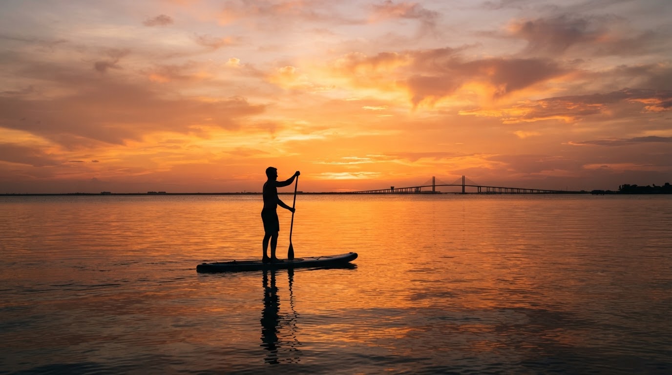 Silhouette of a paddleboarder at sunset over calm bay water with a distant bridge