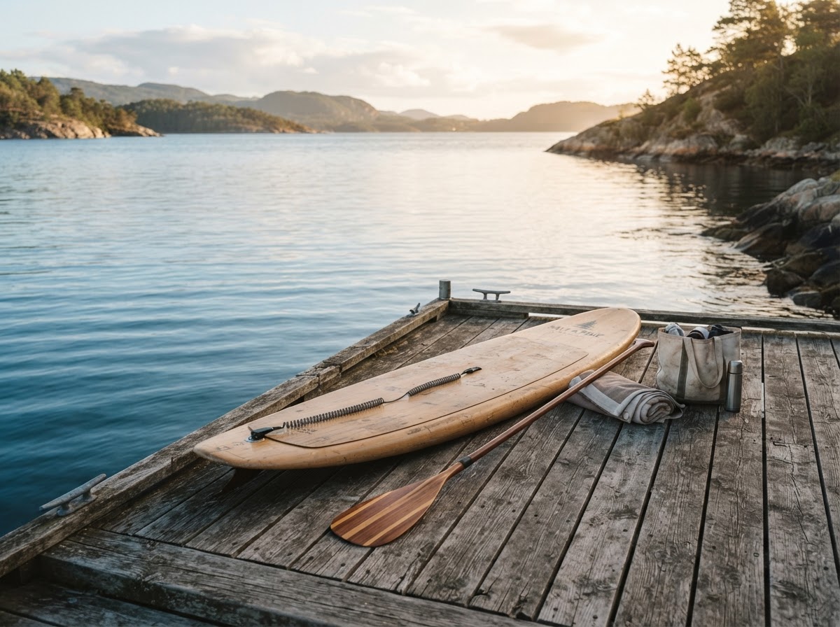 A wooden paddle and paddleboard resting on a weathered dock by calm water