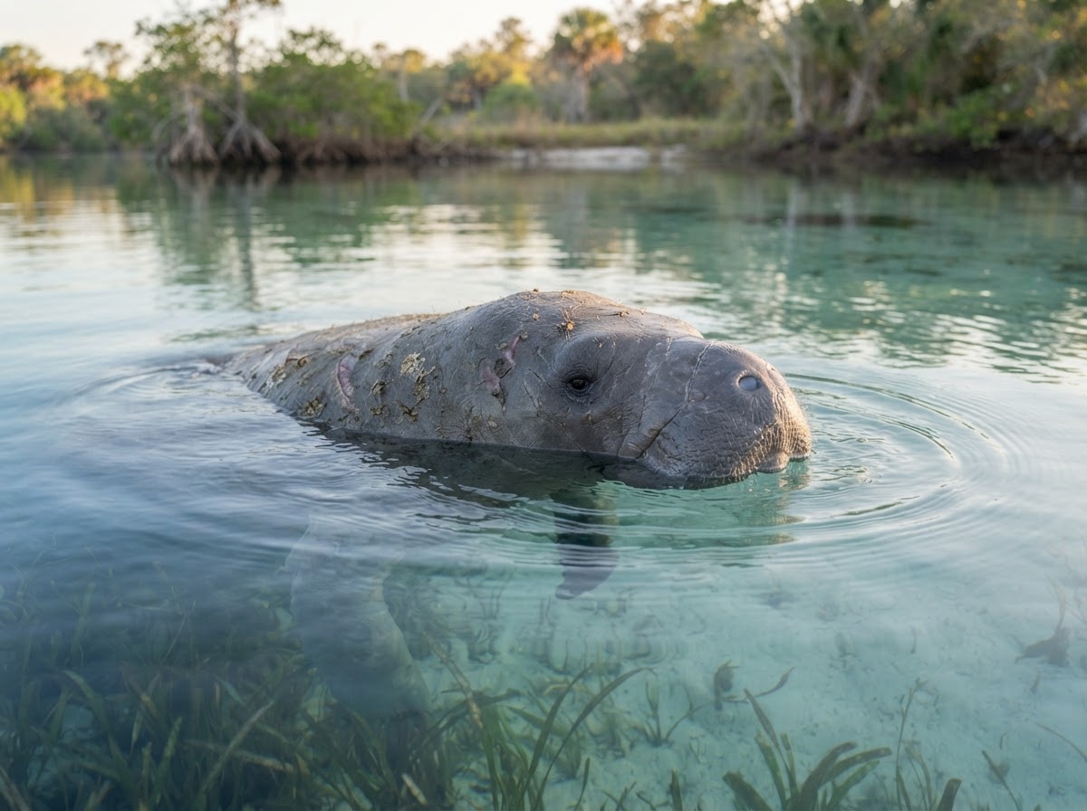 A manatee surfacing gently in calm shallow coastal water